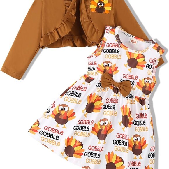 Elegant Girls Thanksgiving Dress Set with Cardigan - Cute Turkey Design | 18M-6Y - Picture 1 of 9
